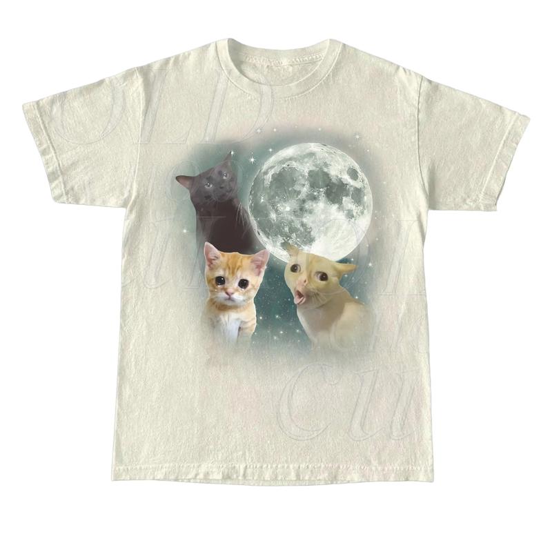 Three Cats Retro Moon Graphic T-shirts, Vintage Cat Moon Tshirt, Oversized Washed Tee, Cat Meme T Shirt, Weird Tee, Cat Lovers, Funny Cat Tee Menswear Top Underwear Streetwear Crewneck Tropical