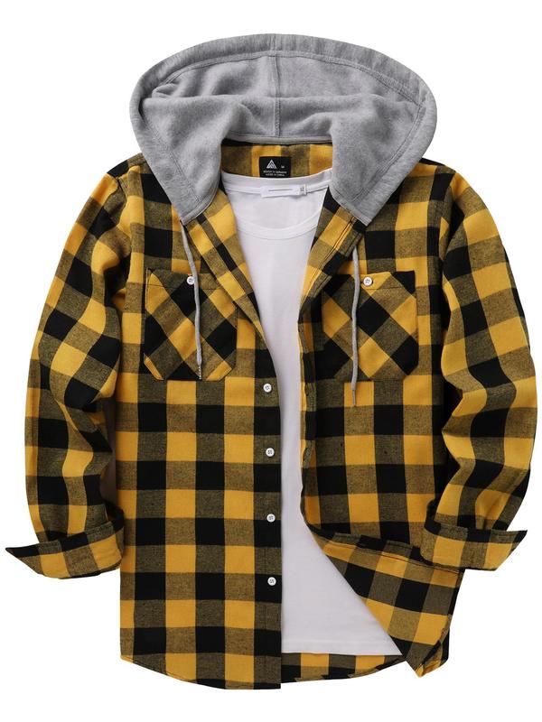 Men's Plaid Print Button Front Drawstring Hooded Shirt, Regular Fit Casual Pocket Jackets, Long Sleeve Outerwear for Fall, Men's Clothes for Daily Wear