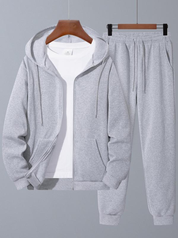 Men's Solid Zip Up Hoodie & Drawstring Waist Sweatpants Two-Piece Set, Regular Fit Casual Long Sleeve Hooded Sweatshirt & Jogger Pants for Fall & Winter, Men's Two-piece Outfits for Daily Wear