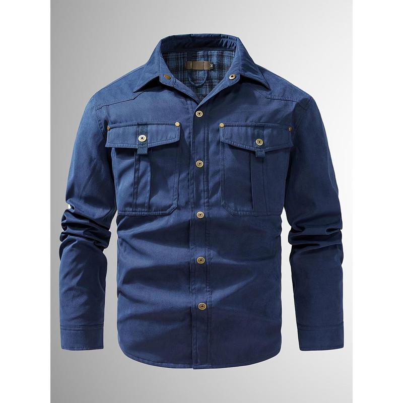 Men's casual flannel shirt jacket-lightweight cotton blend, solid color, long sleeve with button-down front for spring & Fall