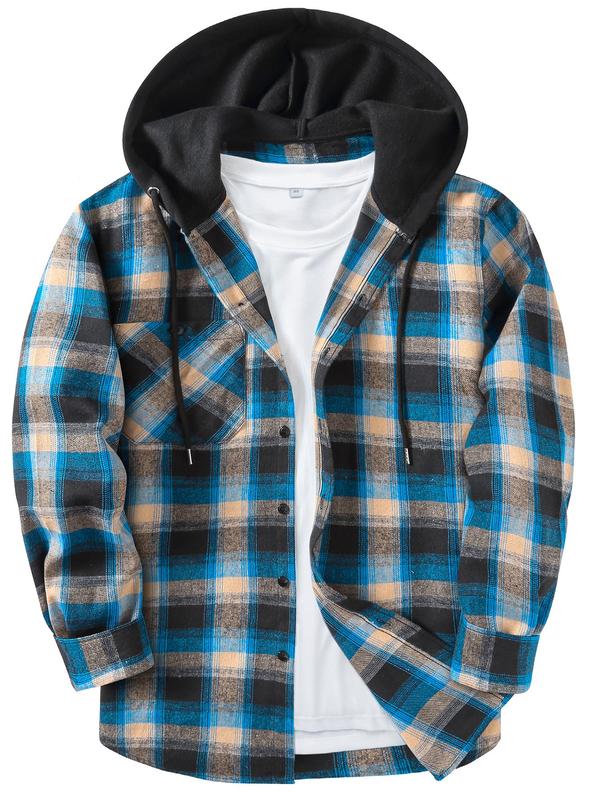 Men's Plaid Print Button Front Drawstring Hooded Shirt, Regular Fit Casual Pocket Jackets, Long Sleeve Outerwear for Fall, Men's Clothes for Daily Wear