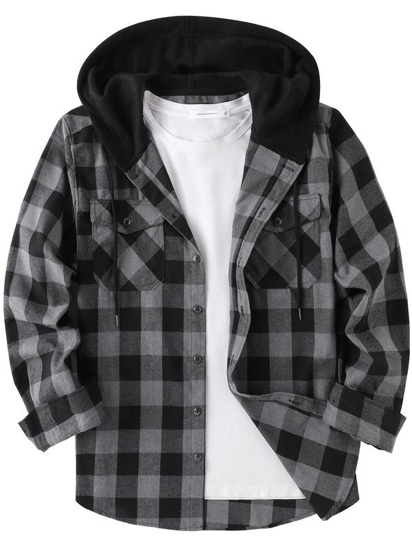 Men's Plaid Print Button Front Drawstring Hooded Shirt, Regular Fit Casual Pocket Jackets, Long Sleeve Outerwear for Fall, Men's Clothes for Daily Wear