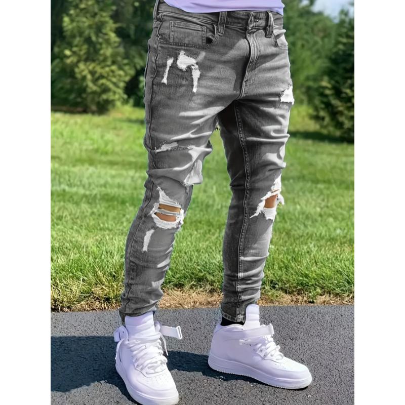 Chic Ripped Slim Fit Jeans, Men's Casual Street Style Stretch Jeans