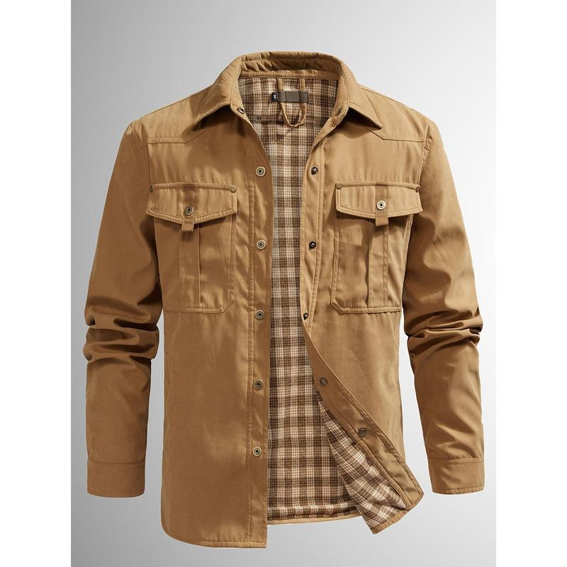 Men's casual flannel shirt jacket-lightweight cotton blend, solid color, long sleeve with button-down front for spring & Fall