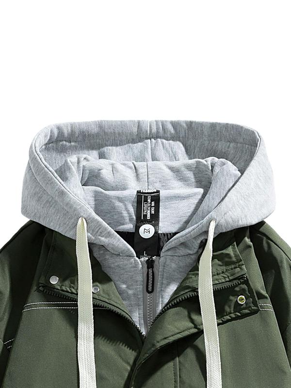 Men's Colorblock 2-IN-1 Zip Up Hooded Jacket, Regular Fit Casual Long Sleeve Drawstring Jacket for Daily Wear, Men's Outerwear for All Seasons