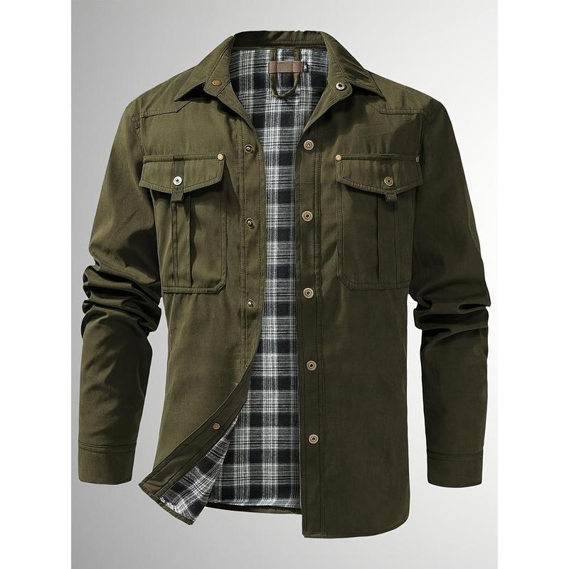 Men's casual flannel shirt jacket-lightweight cotton blend, solid color, long sleeve with button-down front for spring & Fall