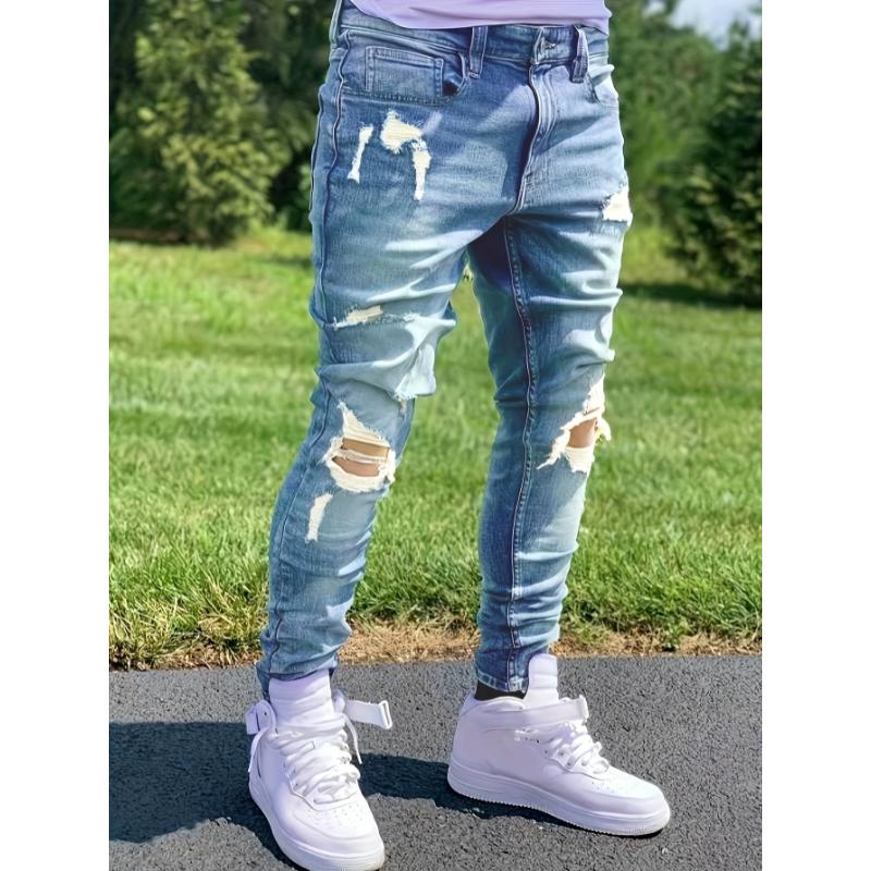 Chic Ripped Slim Fit Jeans, Men's Casual Street Style Stretch Jeans