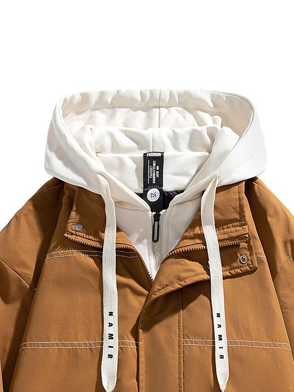 Men's Colorblock 2-IN-1 Zip Up Hooded Jacket, Regular Fit Casual Long Sleeve Drawstring Jacket for Daily Wear, Men's Outerwear for All Seasons