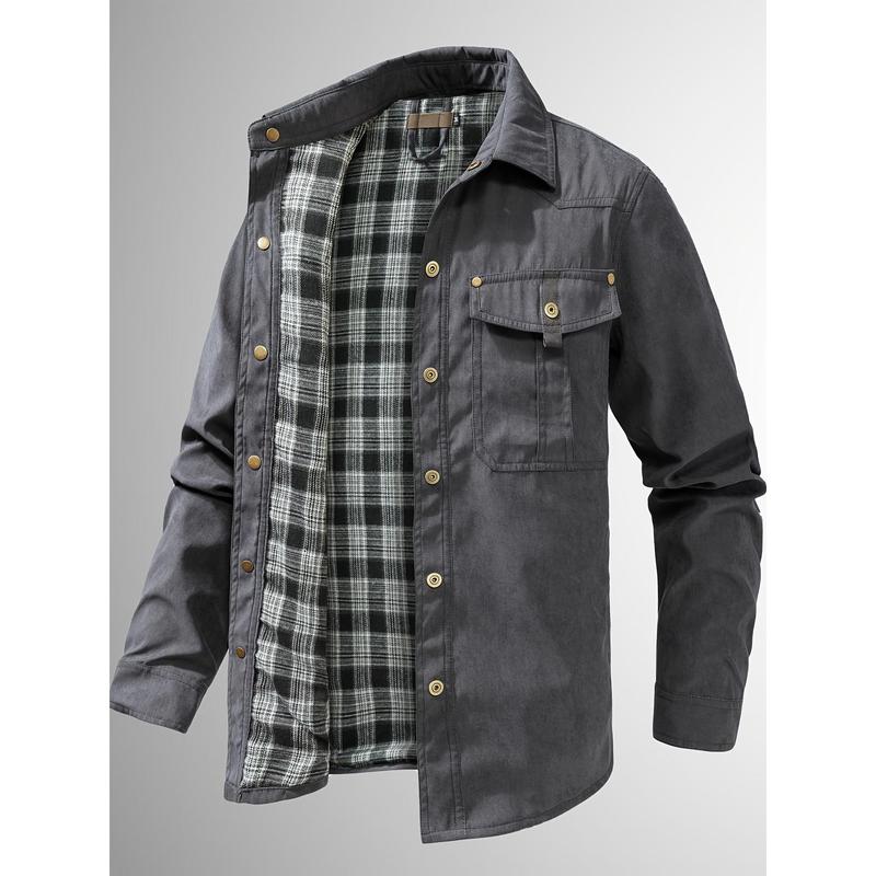 Men's casual flannel shirt jacket-lightweight cotton blend, solid color, long sleeve with button-down front for spring & Fall