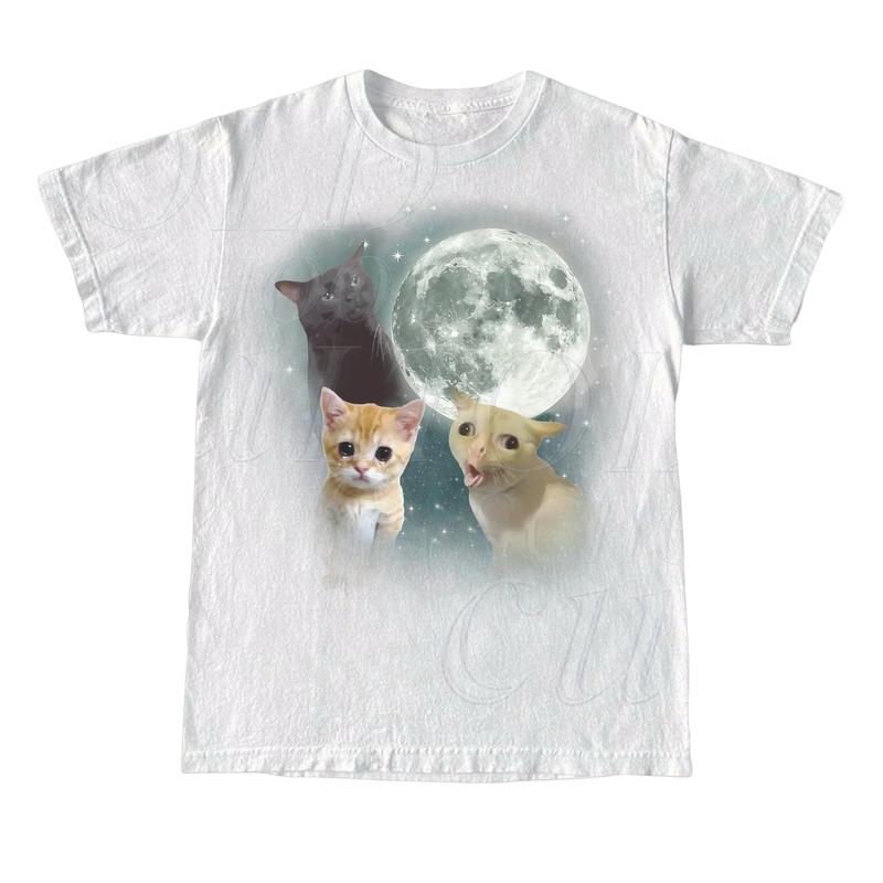 Three Cats Retro Moon Graphic T-shirts, Vintage Cat Moon Tshirt, Oversized Washed Tee, Cat Meme T Shirt, Weird Tee, Cat Lovers, Funny Cat Tee Menswear Top Underwear Streetwear Crewneck Tropical