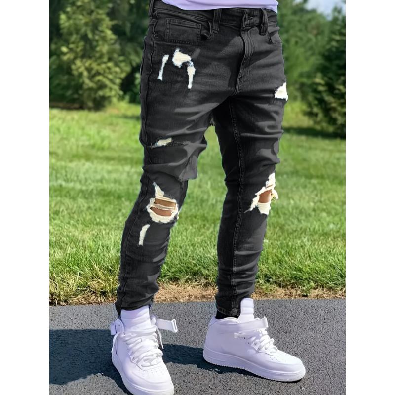 Chic Ripped Slim Fit Jeans, Men's Casual Street Style Stretch Jeans