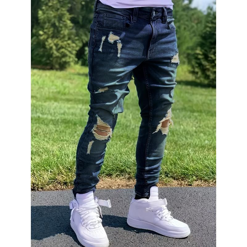 Chic Ripped Slim Fit Jeans, Men's Casual Street Style Stretch Jeans