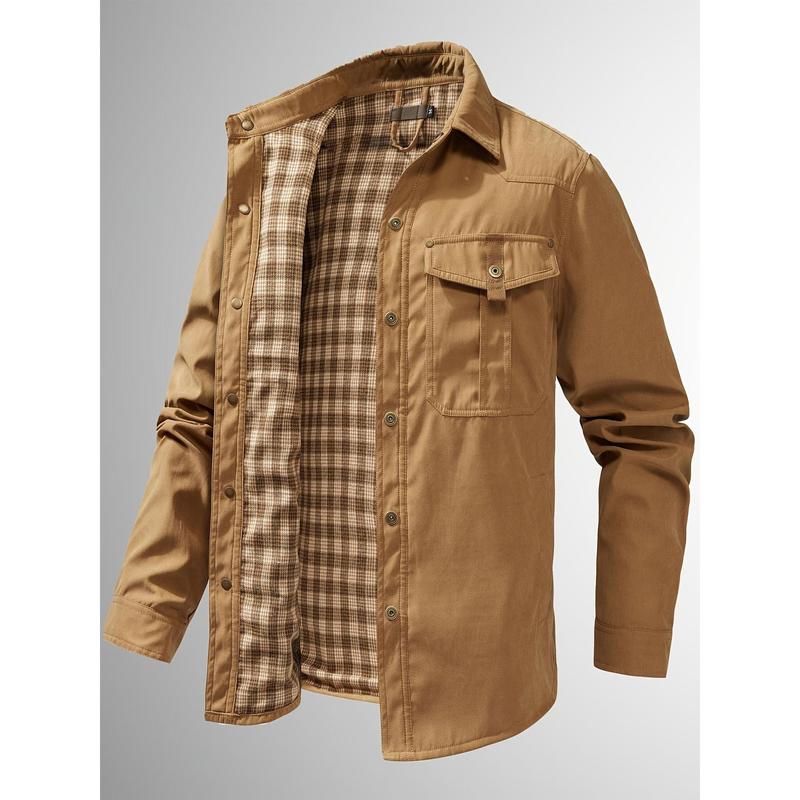 Men's casual flannel shirt jacket-lightweight cotton blend, solid color, long sleeve with button-down front for spring & Fall