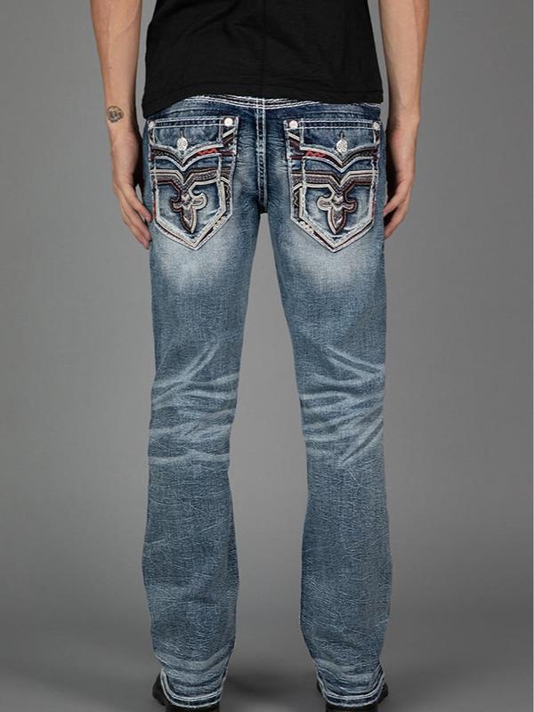 Men's Y2K Vintage Rock Revival Jeans, Rook Revival Embroidered Jeans, High Waist Straight Stretch Jeans, Y2K Jeans, 2000s Street Style