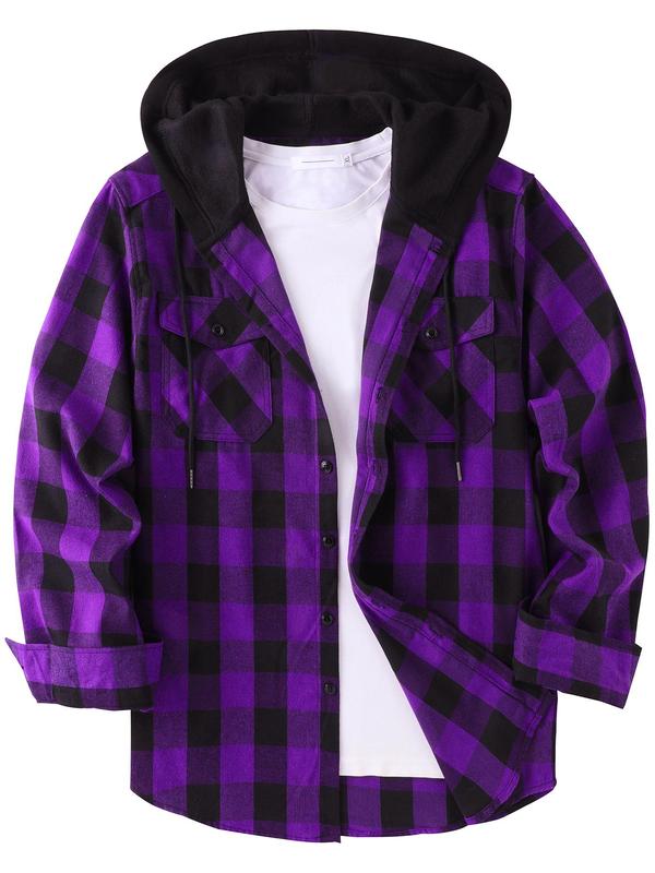 Men's Plaid Print Button Front Drawstring Hooded Shirt, Regular Fit Casual Pocket Jackets, Long Sleeve Outerwear for Fall, Men's Clothes for Daily Wear