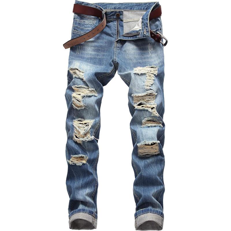 Men's Ripped Distressed Destroyed Slim Fit Straight Leg Denim Jeans