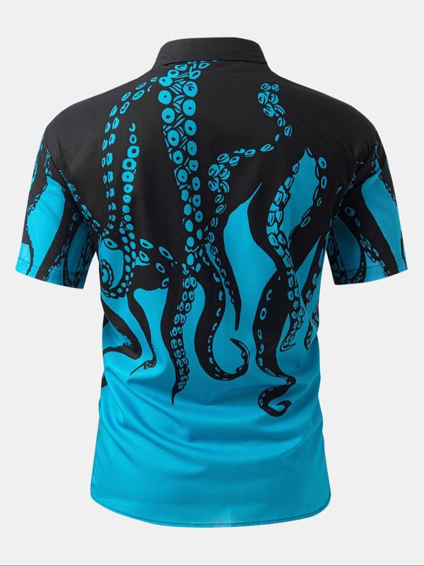 Men's Octopus Print Button Front Shirt, Regular Fit Casual Short Sleeve Top for Summer, Fashion Men's Clothes for Daily Wear