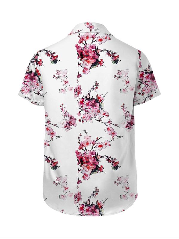 Men's Regular Fit Floral Print Button Front Shirt without Tee & Necklace, Casual Short Sleeve Collared Top for Summer, Fashion Men's Clothes for Beach Vacation