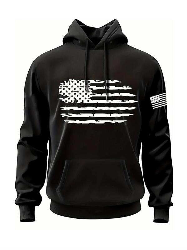 Men's American Flag Print Drawstring Hoodie, Casual Regular Fit Long Sleeve Pocket Hooded Sweatshirt for Fall & Winter, Men's Top for Daily Wear