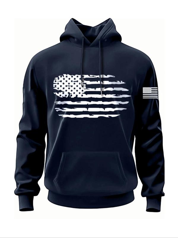 Men's American Flag Print Drawstring Hoodie, Casual Regular Fit Long Sleeve Pocket Hooded Sweatshirt for Fall & Winter, Men's Top for Daily Wear