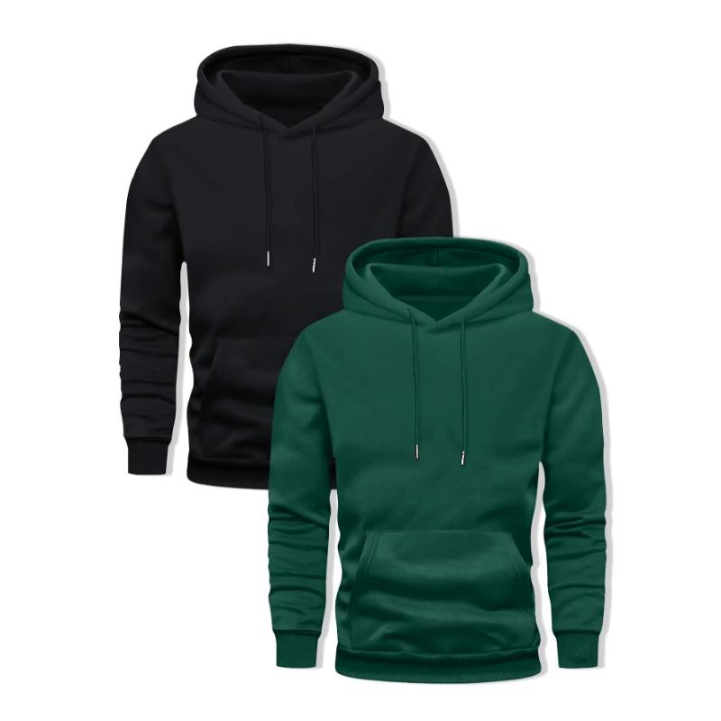 Men's 2-pack Set Of Solid Color Hooded Long Sleeve Fleece Sweatshirts With A Kangaroo Pocket, Autumn And Winter Sports Hoodies For Casual Outerwear