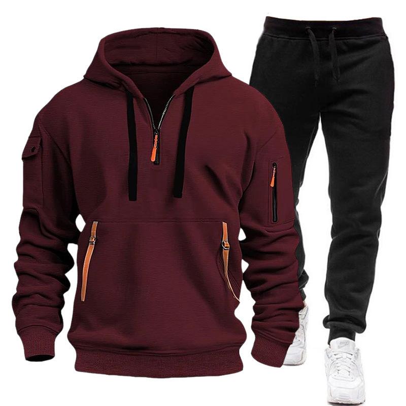 Suit Men's Autumn and Winter New Fleece-lined Multi-Pocket Zipper Sweater Suit Personal Leisure Hoodie Suit