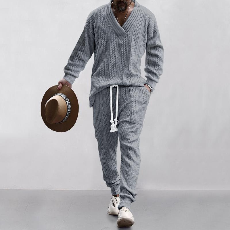 Men's Casual Trousers V-neck All-Matching Jacquard Sweater Men's Clothing Autumn Suit