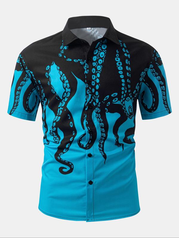 Men's Octopus Print Button Front Shirt, Regular Fit Casual Short Sleeve Top for Summer, Fashion Men's Clothes for Daily Wear