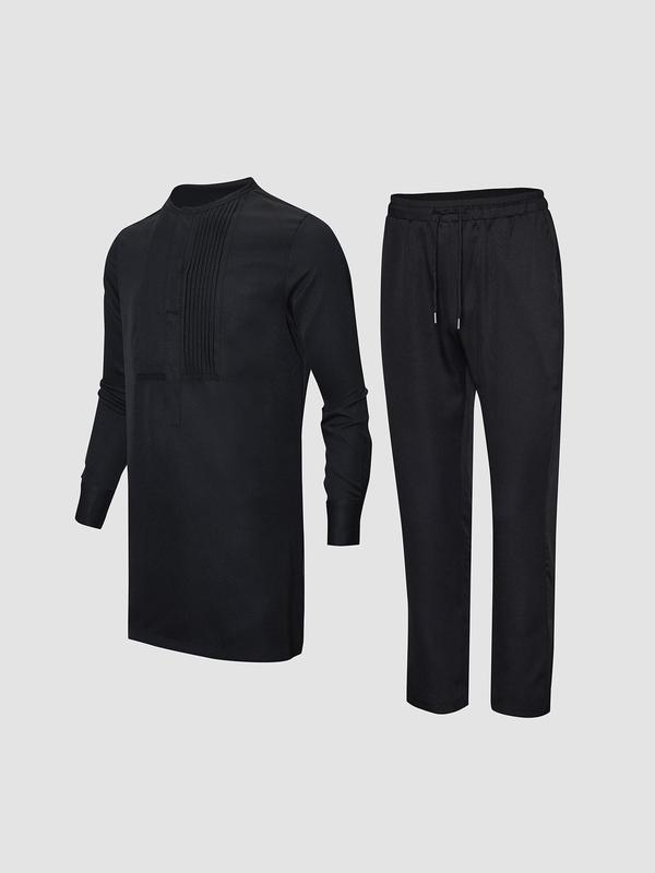 2 Pieces Men's Button Front Split Hem Shirt & Drawstring Pants Set, Casual Long Sleeve Top & Elastic Waist Trousers, Sweatsuit Set Outfit, Men Two-piece Outfits for All Seasons, Vintage Clothing