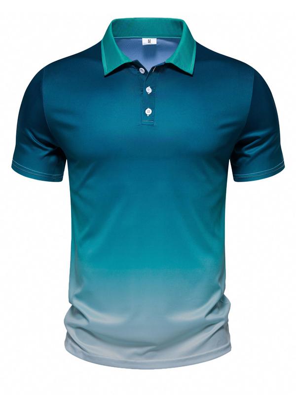 Men's Ombre Print Short Sleeve Polo Shirt, Regular Fit Casual Button Front Collar Top for Summer, Fashion Men's Clothes for Daily Wear