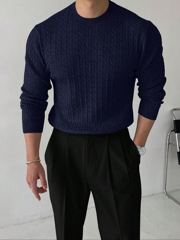 Men's Solid Textured Round Neck Knit Top, Fall Clothes 2024, Regular Fit Casual Long Sleeve Crew Neck Cable Knit Jumper for Fall & Winter, Fashion Men's Knitwear for Daily Wear