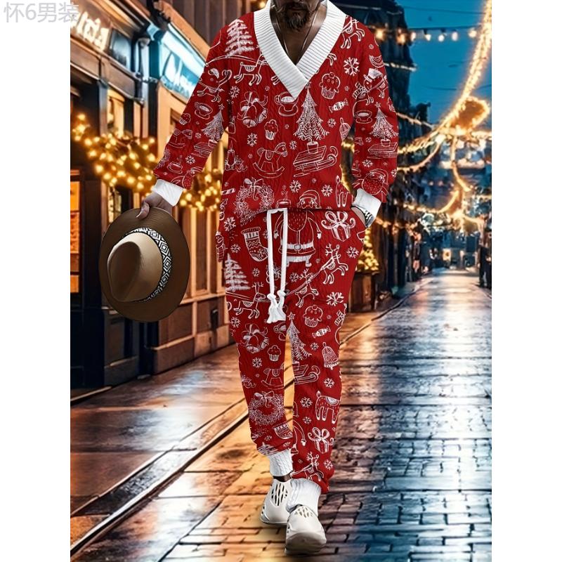 Festive Men's V-Neck Sweatsuit Set - Casual Polyester Knit Fabric Long Sleeve Outfit with Cartoon Patterns, Slight Stretch, Loose Fit for Fall Season Party and Christmas - Adult Lash Sets with Heat Transfer Print Design (85% Polyester, 15% Cotton  Cotton