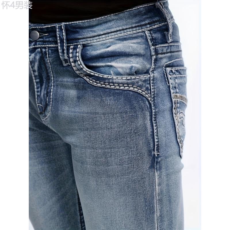 Four-Season Regular Fit Men's Classic Stretch Denim Jeans With Embroidered Design and Pockets Menswear Spandex Fabric Trouser