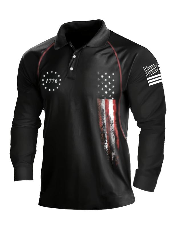 Men's American Flag Print Button Front Polo Shirt, Regular Fit Casual Long Sleeve Collared Top for All Seasons, Fashion Men's Clothes for Daily Wear