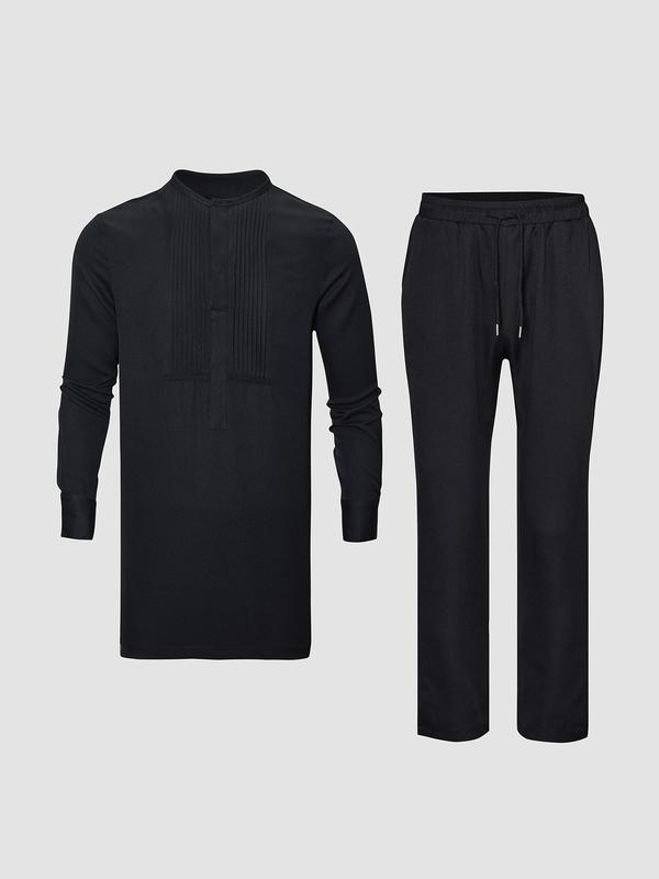 2 Pieces Men's Button Front Split Hem Shirt & Drawstring Pants Set, Casual Long Sleeve Top & Elastic Waist Trousers, Sweatsuit Set Outfit, Men Two-piece Outfits for All Seasons, Vintage Clothing