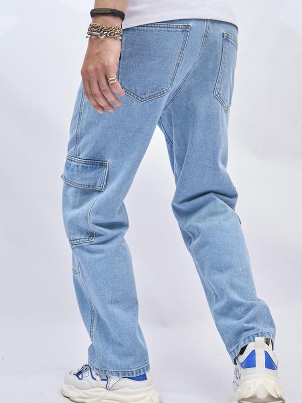 Men's Flap Pocket Button Fly Cargo Jeans, Regular Fit Casual Street Comfy Denim Pants for Daily Wear, Woven Bottoms for All Seasons