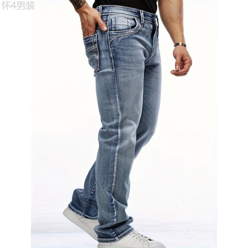 Four-Season Regular Fit Men's Classic Stretch Denim Jeans With Embroidered Design and Pockets Menswear Spandex Fabric Trouser