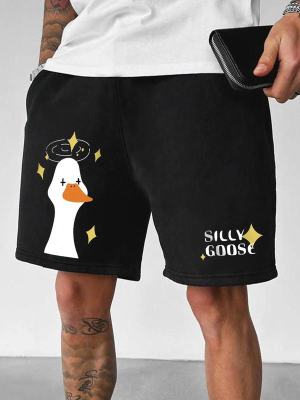 Men's Regular Fit Cartoon Goose Print Drawstring Shorts, Casual Elastic Waist Pocket Track Shorts for Summer, Men's Bottoms for Daily Wear