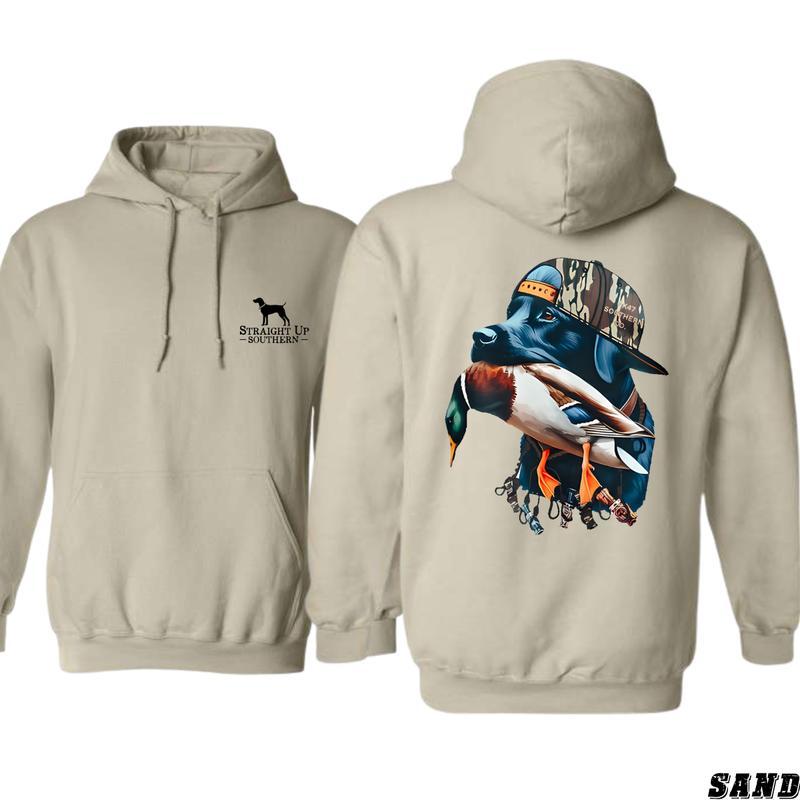 Straight Up Southern Hoodie, Bold Black Hunting Dog with Duck Graphic, Perfect for Outdoorsmen and Waterfowl Hunters, Unisex Hoodie for Adventure and Style Menswear Sweaters, Full Size, Full Colors, for Men, for Women Tops Underwear