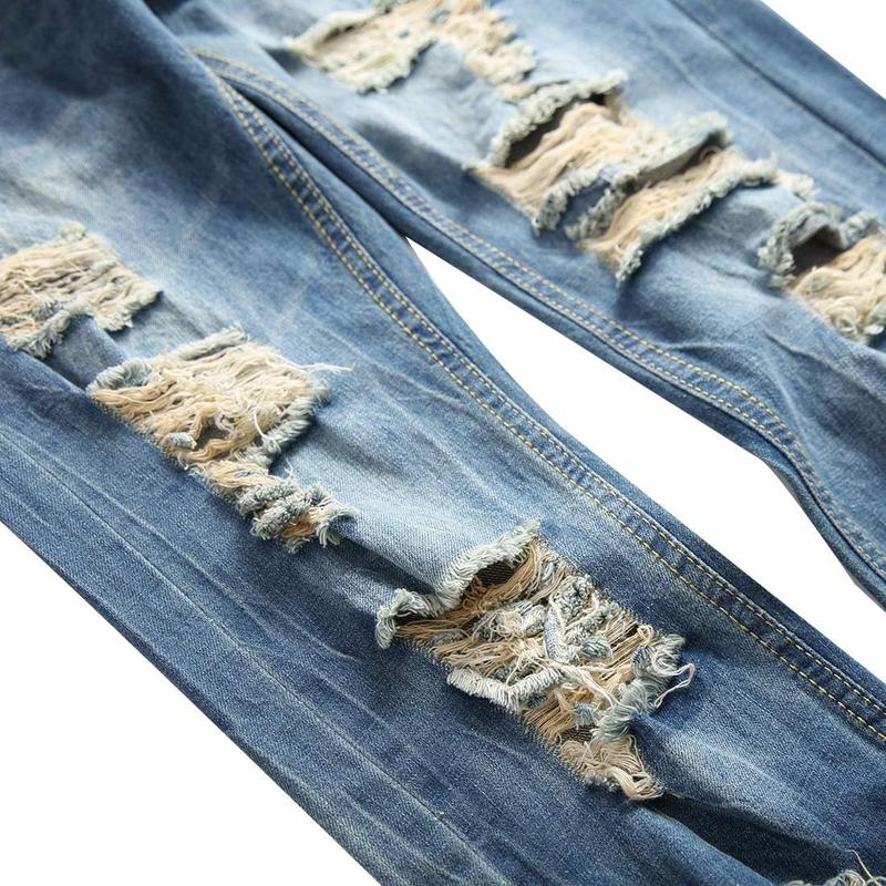 Men's Ripped Distressed Destroyed Slim Fit Straight Leg Denim Jeans