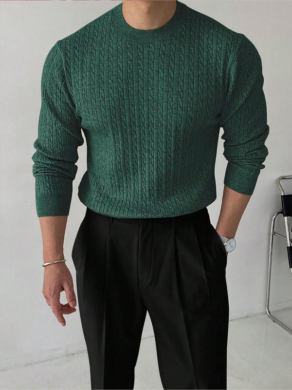 Men's Solid Textured Round Neck Knit Top, Fall Clothes 2024, Regular Fit Casual Long Sleeve Crew Neck Cable Knit Jumper for Fall & Winter, Fashion Men's Knitwear for Daily Wear