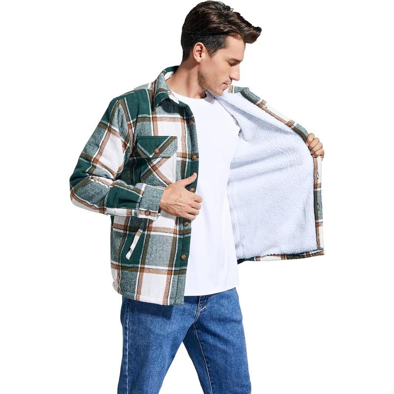 Men's Cotton Flannel Shirt Jacket Fleece Lined Long Sleeve Plaid Shirt for Men