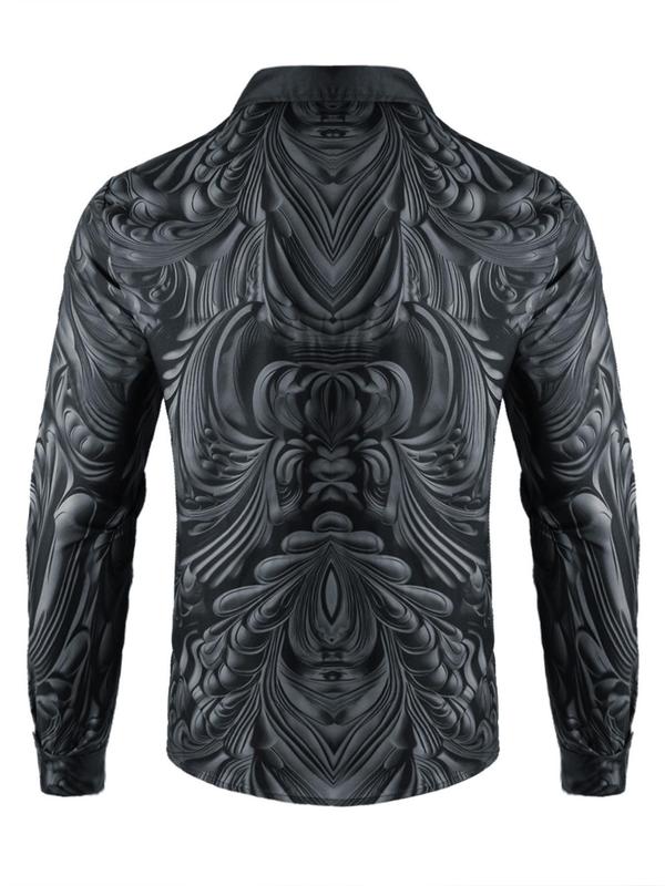 Men's All Over Print Button Front Shirt, Regular Fit Casual Fashion Long Sleeve Collared Top for Daily Outdoor Wear, Shirts for Men, Pro Club Shirt, Back To School Clothes, Men's Clothes for All Seasons