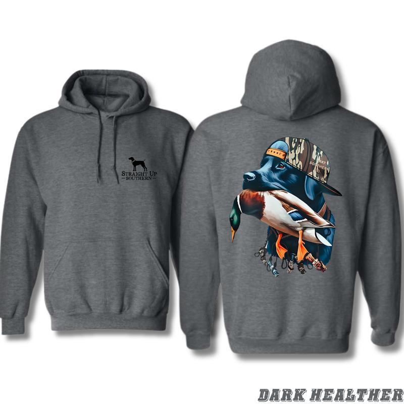 Straight Up Southern Hoodie, Bold Black Hunting Dog with Duck Graphic, Perfect for Outdoorsmen and Waterfowl Hunters, Unisex Hoodie for Adventure and Style Menswear Sweaters, Full Size, Full Colors, for Men, for Women Tops Underwear