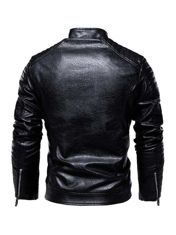 Men's Regular Fit Solid Pocket Zipper Faux Leather Jacket, Fashion Casual Long Sleeve Collared Outerwear for Daily Outdoor Wear, Men Cloths for Fall & Winter