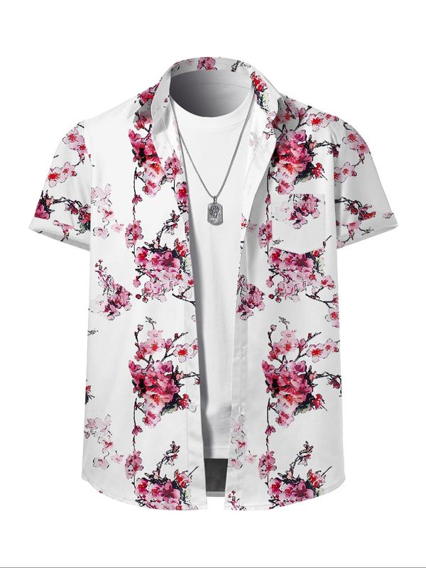 Men's Regular Fit Floral Print Button Front Shirt without Tee & Necklace, Casual Short Sleeve Collared Top for Summer, Fashion Men's Clothes for Beach Vacation