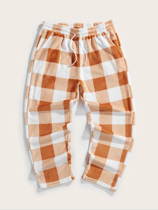 Men's Plaid Print Drawstring Waist Flannel Sweatpants, Regular Fit Casual Comfy Pocket Straight Leg Trousers for Fall & Winter, Men's Bottoms for Daily Wear