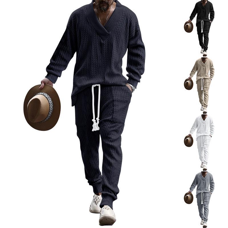 Men's Casual Trousers V-neck All-Matching Jacquard Sweater Men's Clothing Autumn Suit