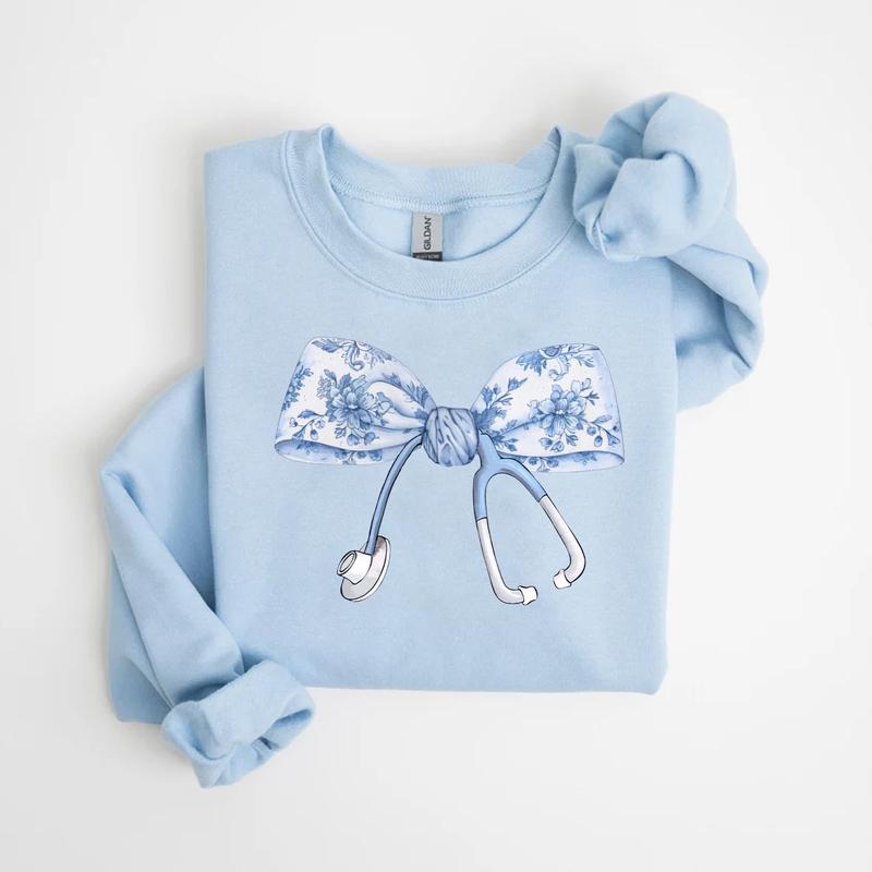 Nurse Coquette Toile bow Sweatshirt, Retro Nurse Shirts, RN, Unisex Stethoscope Crewneck Sweatshirt, Nursing School, Nurses Week Appreciation