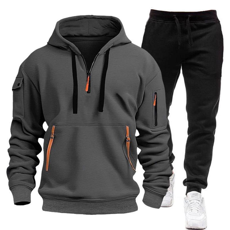 Suit Men's Autumn and Winter New Fleece-lined Multi-Pocket Zipper Sweater Suit Personal Leisure Hoodie Suit